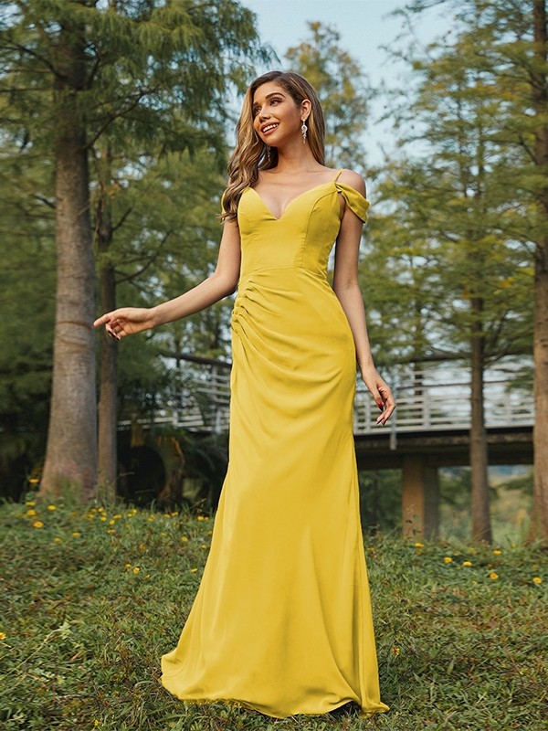 Sheath/Column Chiffon Ruched V-neck Sleeveless Floor-Length Bridesmaid Dresses 2910