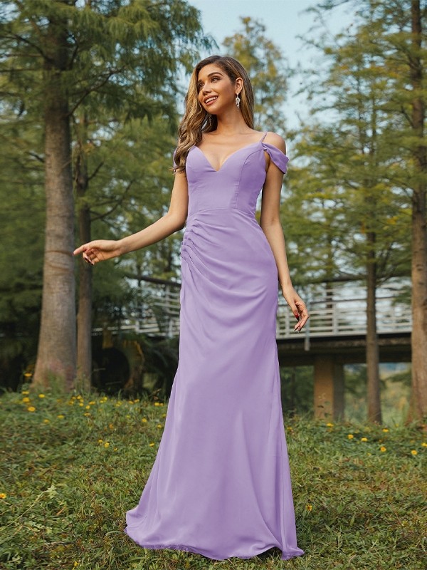 Sheath/Column Chiffon Ruched V-neck Sleeveless Floor-Length Bridesmaid Dresses 2910