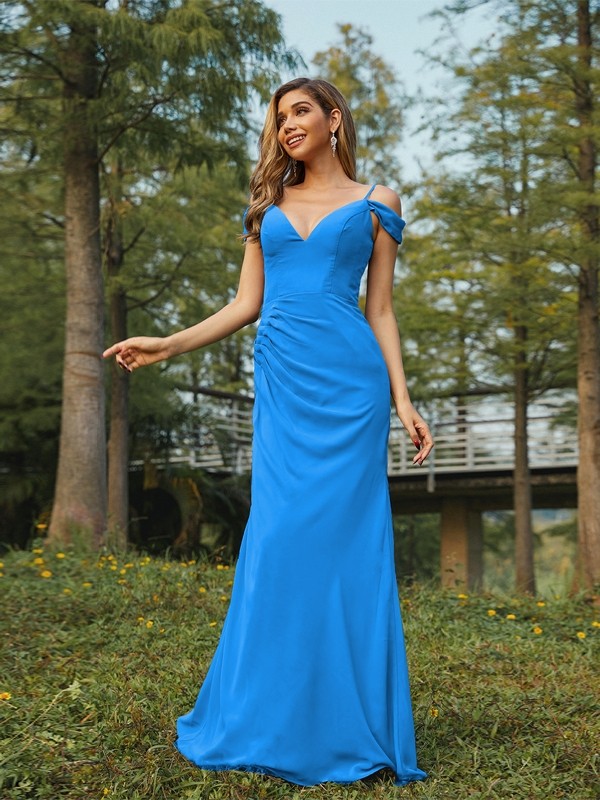 Sheath/Column Chiffon Ruched V-neck Sleeveless Floor-Length Bridesmaid Dresses 2910