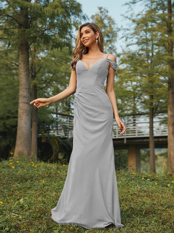 Sheath/Column Chiffon Ruched V-neck Sleeveless Floor-Length Bridesmaid Dresses 2910