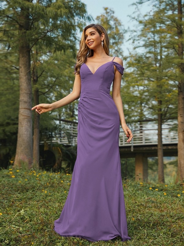 Sheath/Column Chiffon Ruched V-neck Sleeveless Floor-Length Bridesmaid Dresses 2910