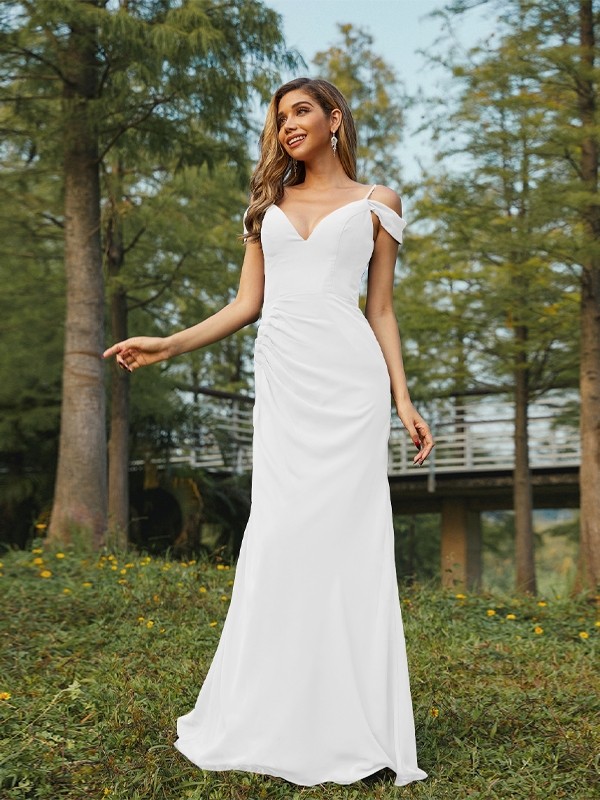 Sheath/Column Chiffon Ruched V-neck Sleeveless Floor-Length Bridesmaid Dresses 2910