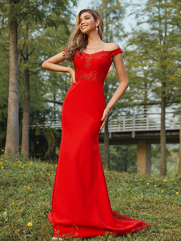 Sheath/Column Jersey Applique Off-the-Shoulder Sleeveless Sweep/Brush Train Bridesmaid Dresses 2954