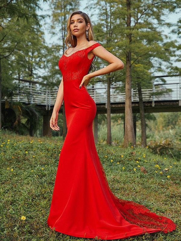 Sheath/Column Jersey Applique Off-the-Shoulder Sleeveless Sweep/Brush Train Bridesmaid Dresses 2954