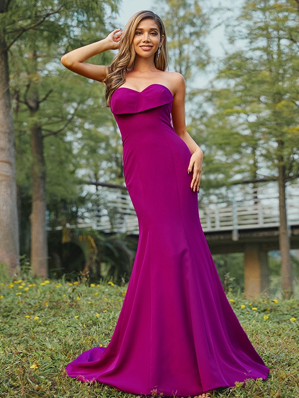 Sheath/Column Stretch Crepe Ruched Sweetheart Sleeveless Sweep/Brush Train Bridesmaid Dresses 3180