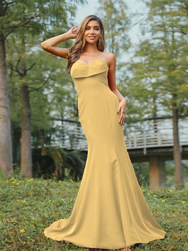 Sheath/Column Stretch Crepe Ruched Sweetheart Sleeveless Sweep/Brush Train Bridesmaid Dresses 3180