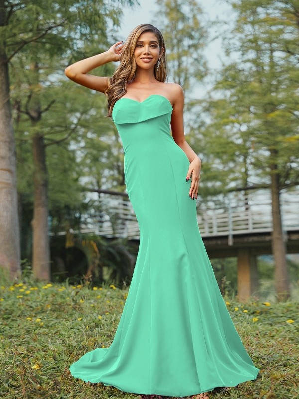 Sheath/Column Stretch Crepe Ruched Sweetheart Sleeveless Sweep/Brush Train Bridesmaid Dresses 3180