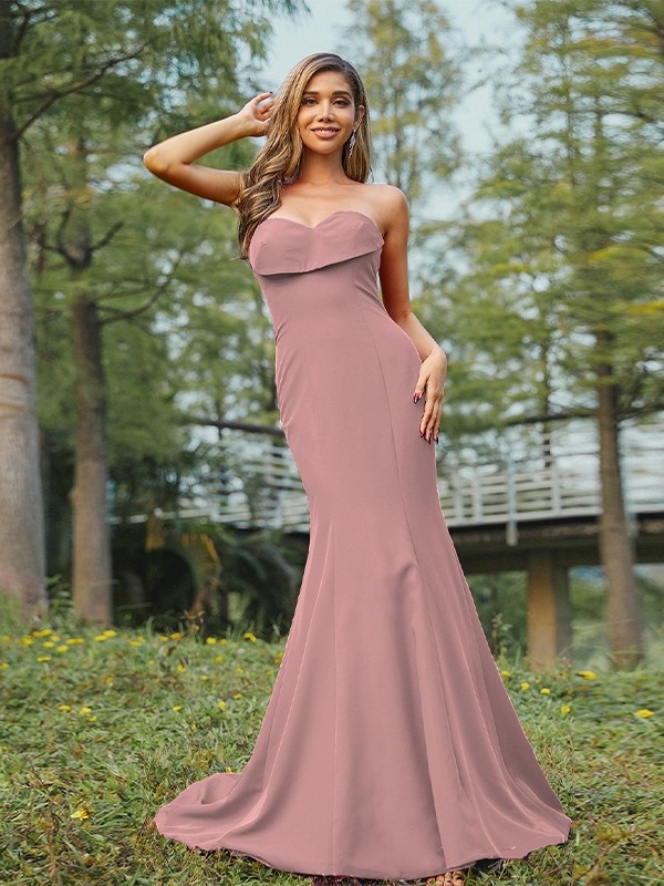 Sheath/Column Stretch Crepe Ruched Sweetheart Sleeveless Sweep/Brush Train Bridesmaid Dresses 3180