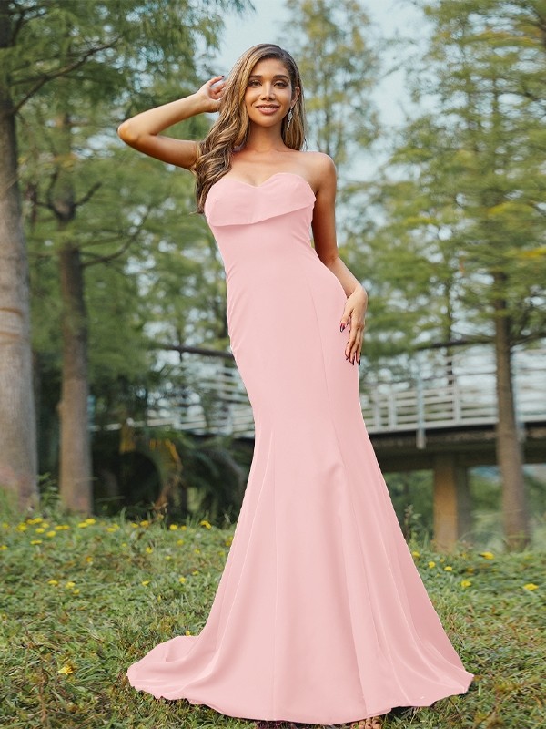 Sheath/Column Stretch Crepe Ruched Sweetheart Sleeveless Sweep/Brush Train Bridesmaid Dresses 3180