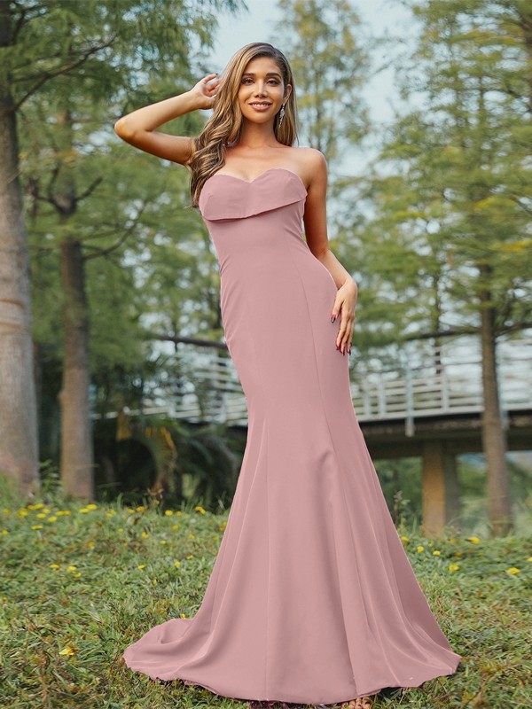 Sheath/Column Stretch Crepe Ruched Sweetheart Sleeveless Sweep/Brush Train Bridesmaid Dresses 3180