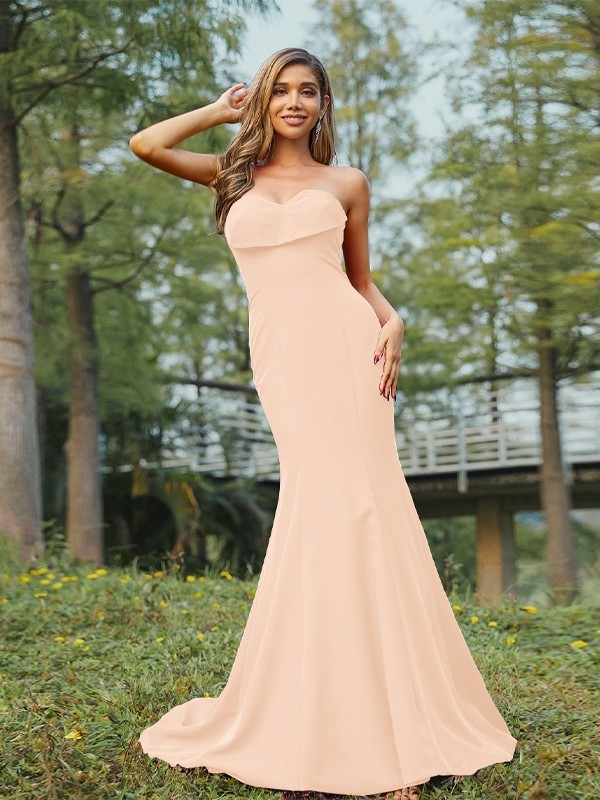 Sheath/Column Stretch Crepe Ruched Sweetheart Sleeveless Sweep/Brush Train Bridesmaid Dresses 3180