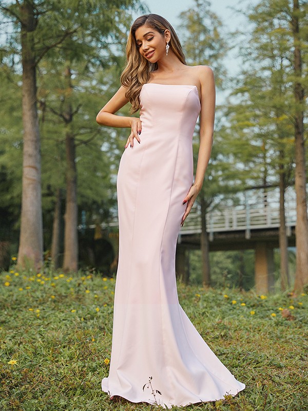 Sheath/Column Stretch Crepe Ruched Strapless Sleeveless Sweep/Brush Train Bridesmaid Dresses 3178