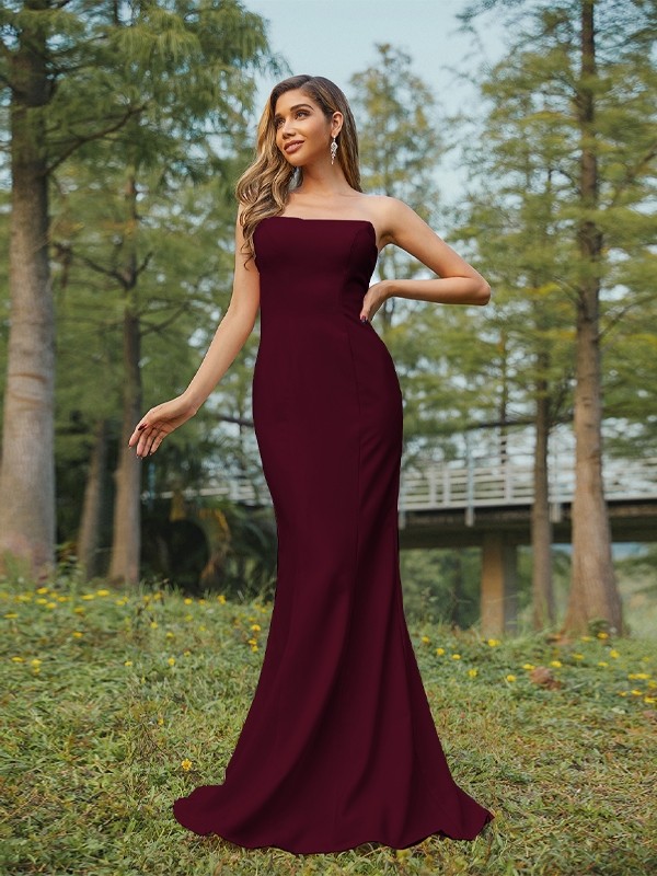 Sheath/Column Stretch Crepe Ruched Strapless Sleeveless Sweep/Brush Train Bridesmaid Dresses 3178