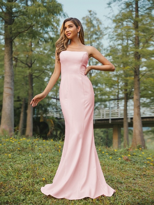 Sheath/Column Stretch Crepe Ruched Strapless Sleeveless Sweep/Brush Train Bridesmaid Dresses 3178