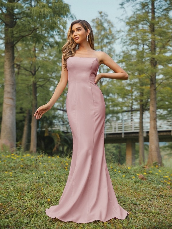 Sheath/Column Stretch Crepe Ruched Strapless Sleeveless Sweep/Brush Train Bridesmaid Dresses 3178