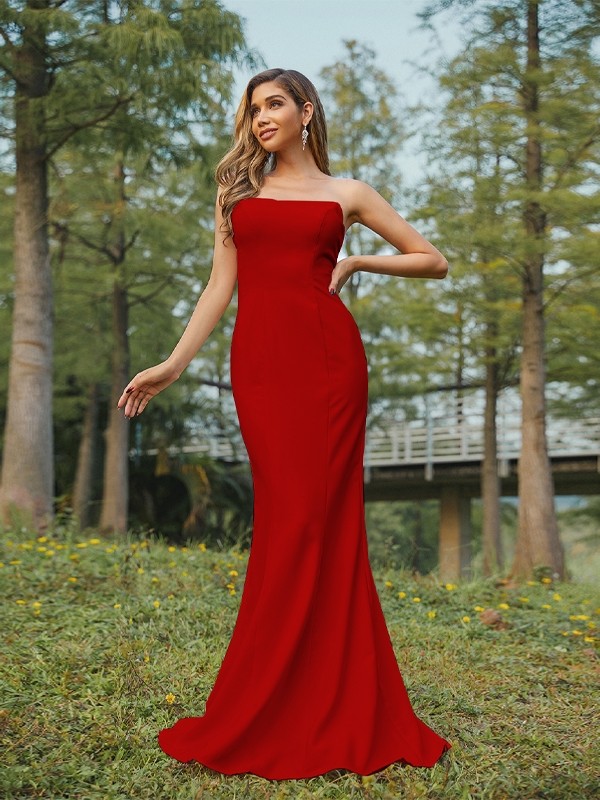 Sheath/Column Stretch Crepe Ruched Strapless Sleeveless Sweep/Brush Train Bridesmaid Dresses 3178