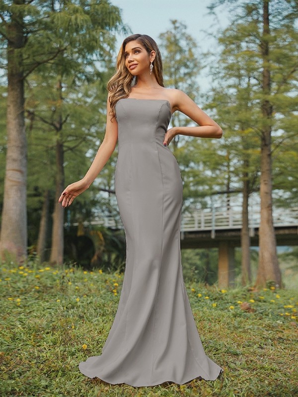 Sheath/Column Stretch Crepe Ruched Strapless Sleeveless Sweep/Brush Train Bridesmaid Dresses 3178