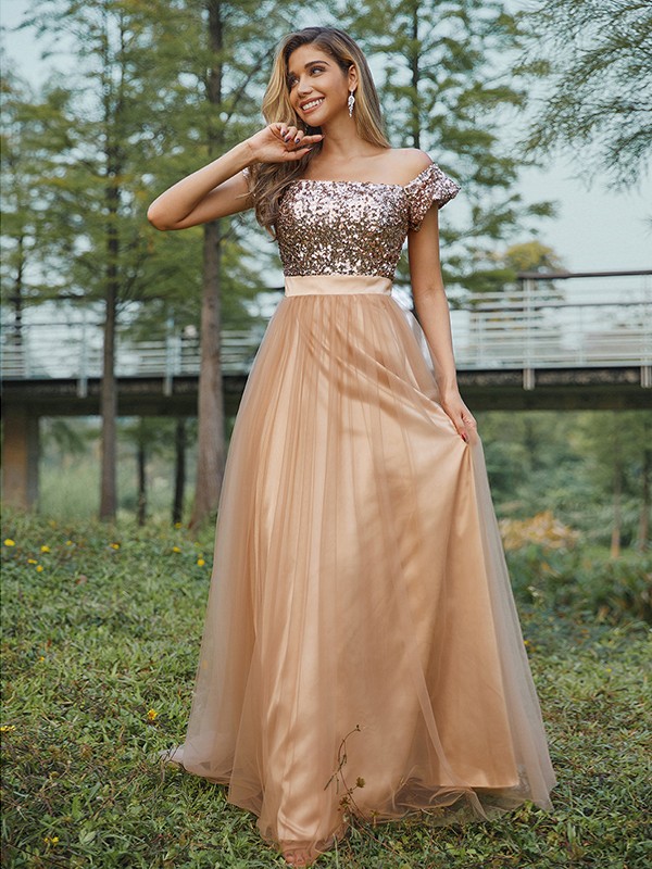 A-Line/Princess Tulle Sequin Off-the-Shoulder Sleeveless Floor-Length Bridesmaid Dresses 2775