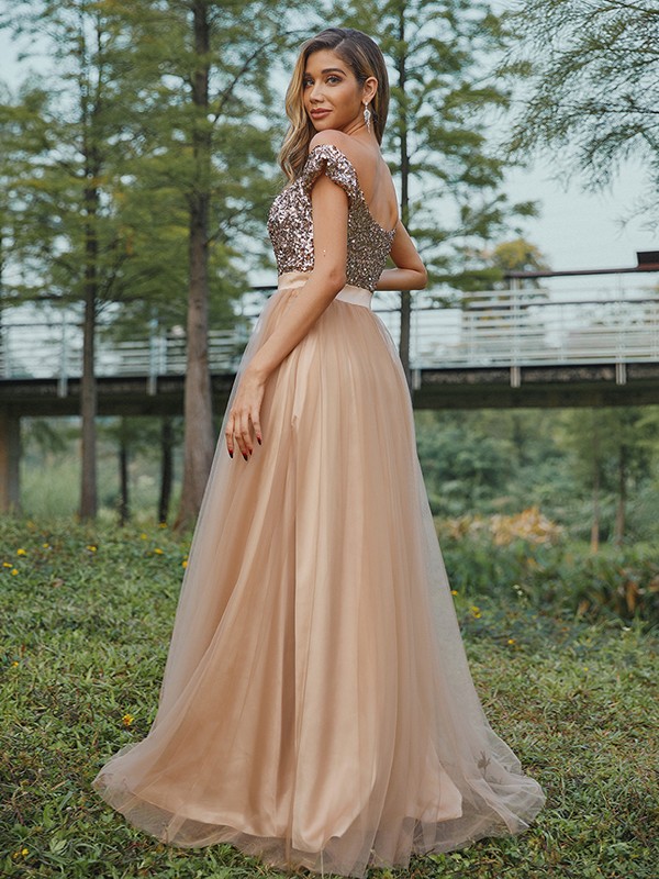 A-Line/Princess Tulle Sequin Off-the-Shoulder Sleeveless Floor-Length Bridesmaid Dresses 2775