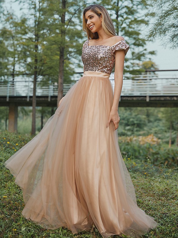 A-Line/Princess Tulle Sequin Off-the-Shoulder Sleeveless Floor-Length Bridesmaid Dresses 2775