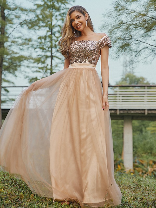 A-Line/Princess Tulle Sequin Off-the-Shoulder Sleeveless Floor-Length Bridesmaid Dresses 2775