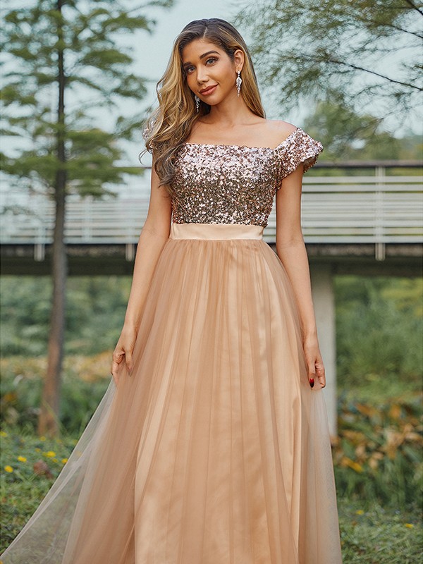 A-Line/Princess Tulle Sequin Off-the-Shoulder Sleeveless Floor-Length Bridesmaid Dresses 2775