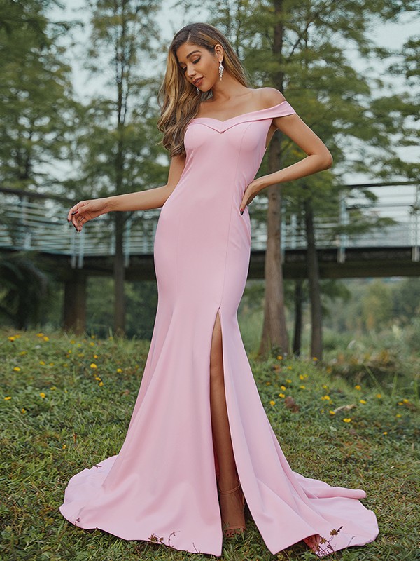 Sheath/Column Stretch Crepe Ruched Off-the-Shoulder Sleeveless Sweep/Brush Train Bridesmaid Dresses 3158