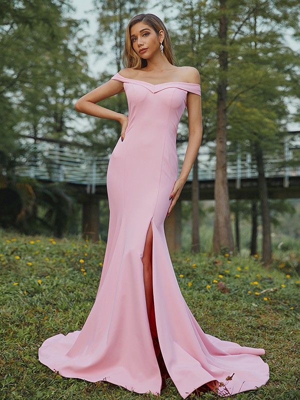 Sheath/Column Stretch Crepe Ruched Off-the-Shoulder Sleeveless Sweep/Brush Train Bridesmaid Dresses 3158