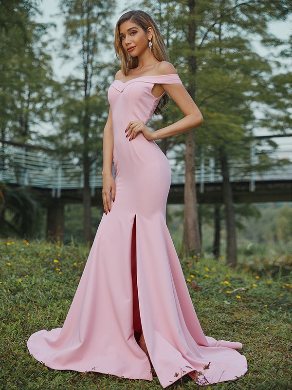 Sheath/Column Stretch Crepe Ruched Off-the-Shoulder Sleeveless Sweep/Brush Train Bridesmaid Dresses 3158