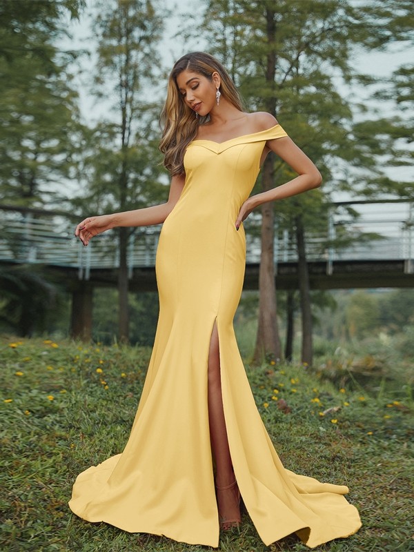 Sheath/Column Stretch Crepe Ruched Off-the-Shoulder Sleeveless Sweep/Brush Train Bridesmaid Dresses 3158