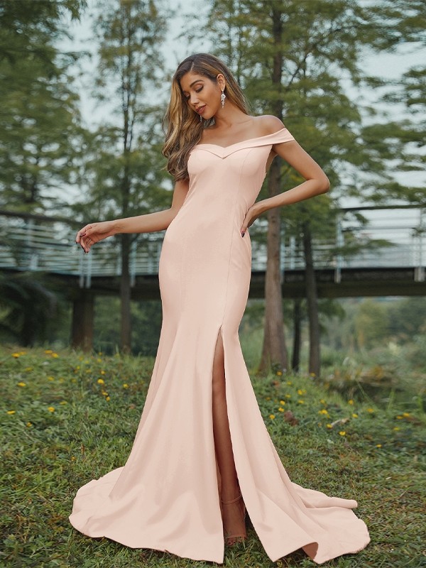 Sheath/Column Stretch Crepe Ruched Off-the-Shoulder Sleeveless Sweep/Brush Train Bridesmaid Dresses 3158