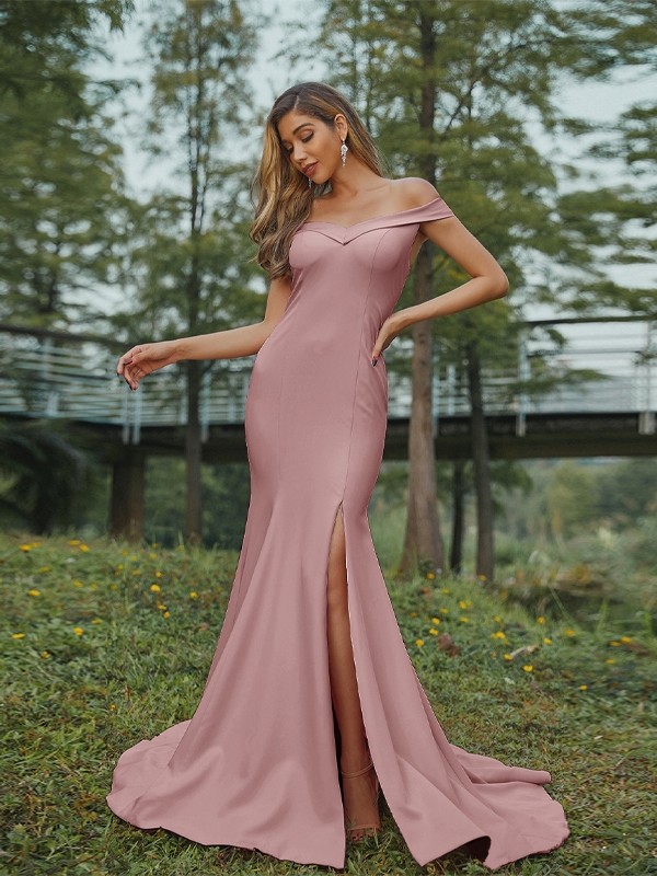 Sheath/Column Stretch Crepe Ruched Off-the-Shoulder Sleeveless Sweep/Brush Train Bridesmaid Dresses 3158