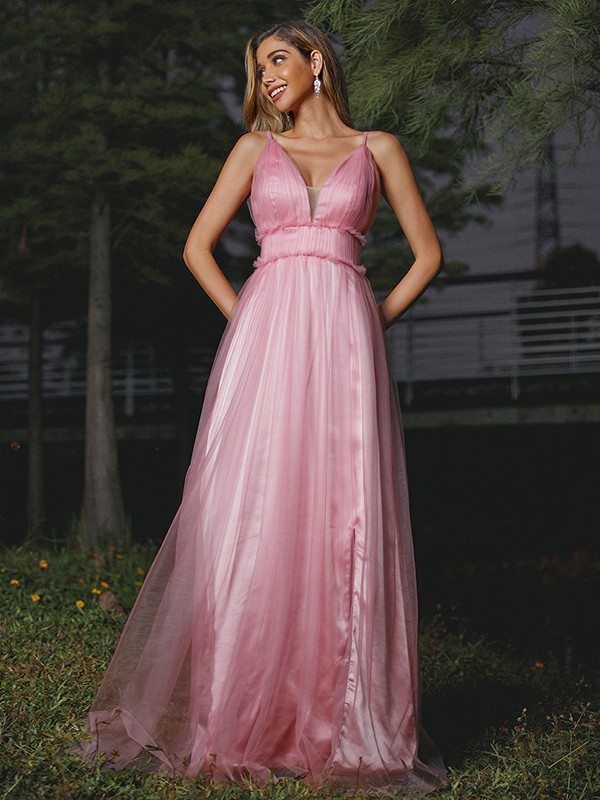 A-Line/Princess Tulle Ruffles V-neck Sleeveless Sweep/Brush Train Bridesmaid Dresses 2774