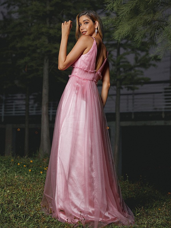 A-Line/Princess Tulle Ruffles V-neck Sleeveless Sweep/Brush Train Bridesmaid Dresses 2774