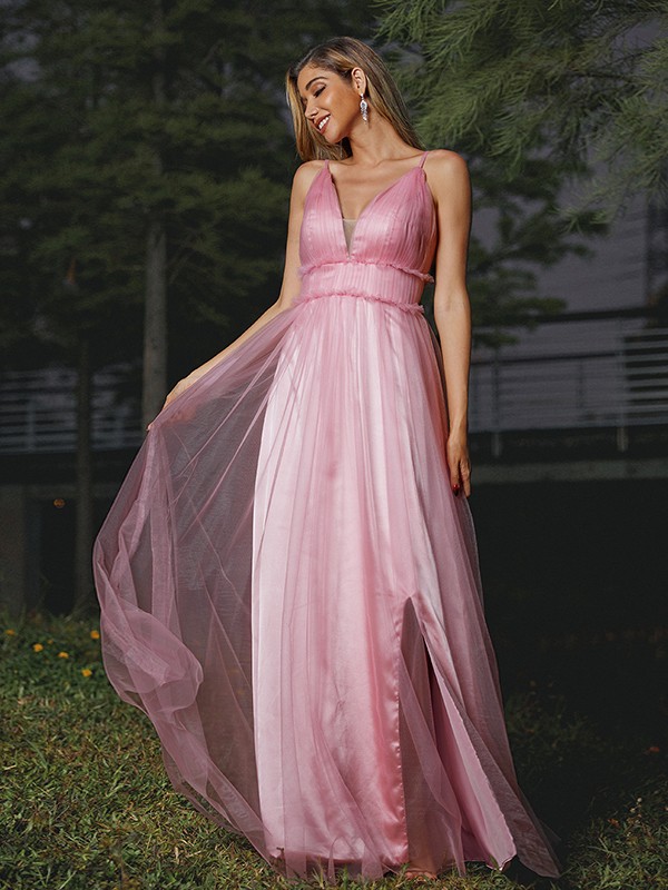 A-Line/Princess Tulle Ruffles V-neck Sleeveless Sweep/Brush Train Bridesmaid Dresses 2774