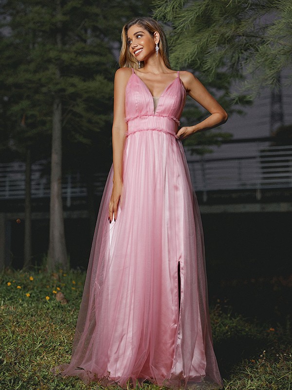 A-Line/Princess Tulle Ruffles V-neck Sleeveless Sweep/Brush Train Bridesmaid Dresses 2774