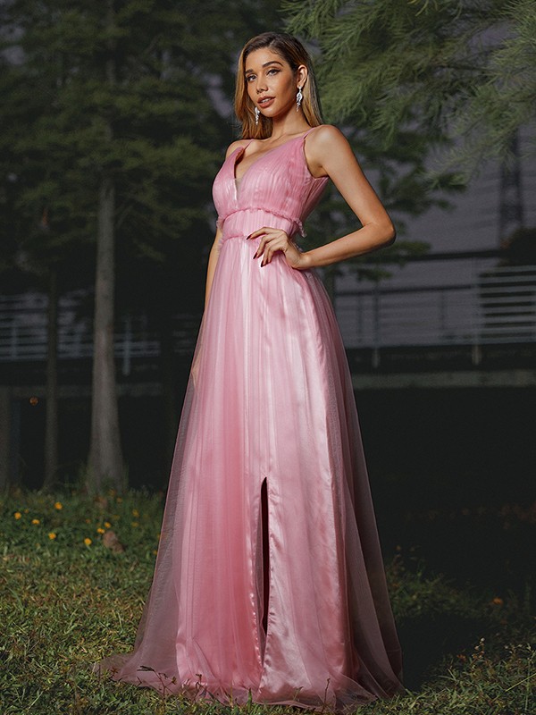 A-Line/Princess Tulle Ruffles V-neck Sleeveless Sweep/Brush Train Bridesmaid Dresses 2774