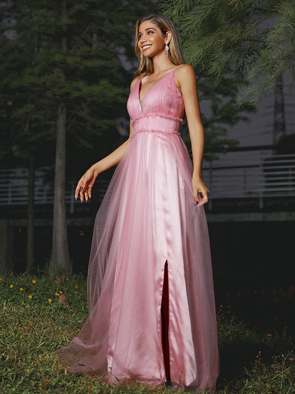 A-Line/Princess Tulle Ruffles V-neck Sleeveless Sweep/Brush Train Bridesmaid Dresses 2774