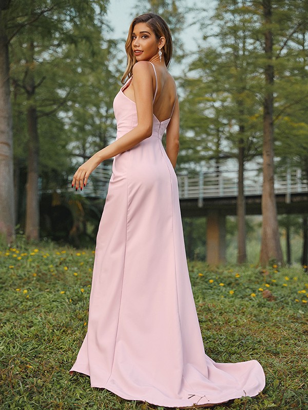 A-Line/Princess Stretch Crepe Ruched V-neck Sleeveless Sweep/Brush Train Bridesmaid Dresses 2661