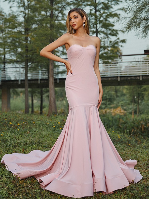 Trumpet/Mermaid Stretch Crepe Bowknot Sweetheart Sleeveless Sweep/Brush Train Bridesmaid Dresses 3283