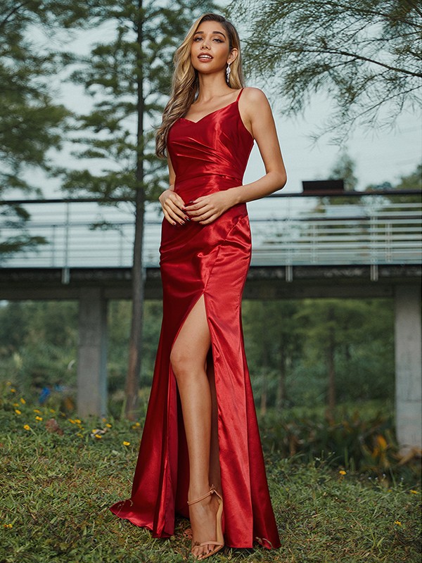 Sheath/Column Silk like Satin Ruched V-neck Sleeveless Floor-Length Bridesmaid Dresses 3083