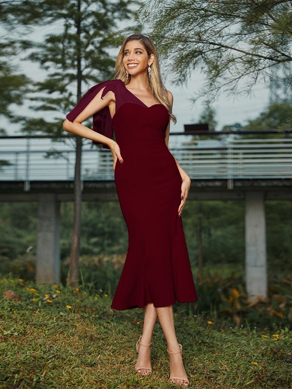 Sheath/Column Stretch Crepe Ruched One-Shoulder Sleeveless Tea-Length Bridesmaid Dresses 3173