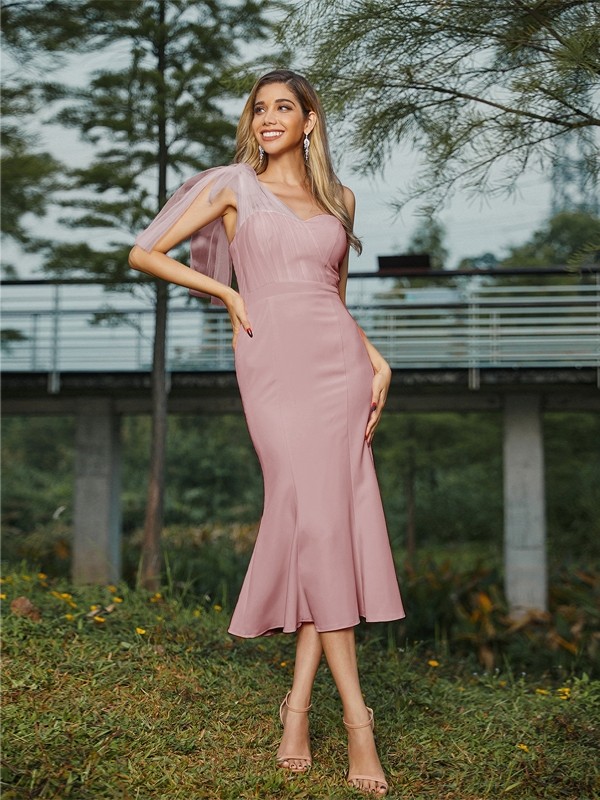 Sheath/Column Stretch Crepe Ruched One-Shoulder Sleeveless Tea-Length Bridesmaid Dresses 3173