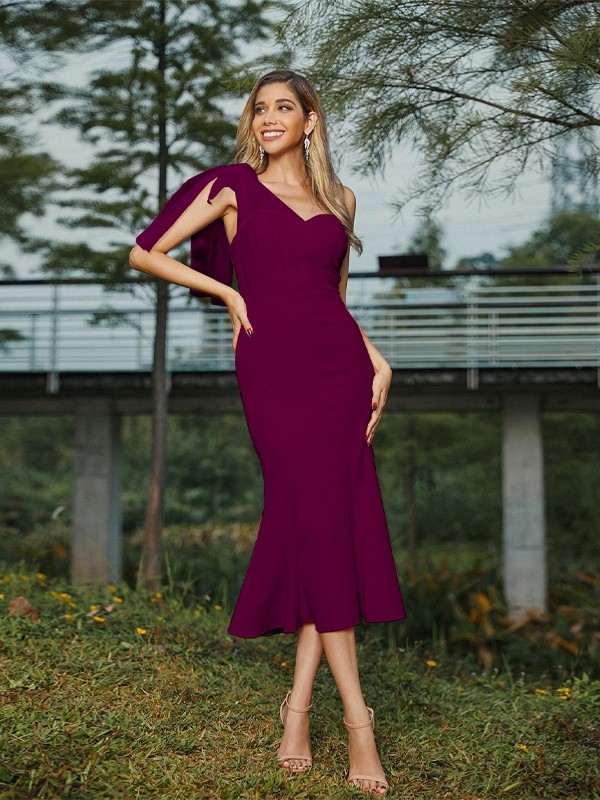 Sheath/Column Stretch Crepe Ruched One-Shoulder Sleeveless Tea-Length Bridesmaid Dresses 3173