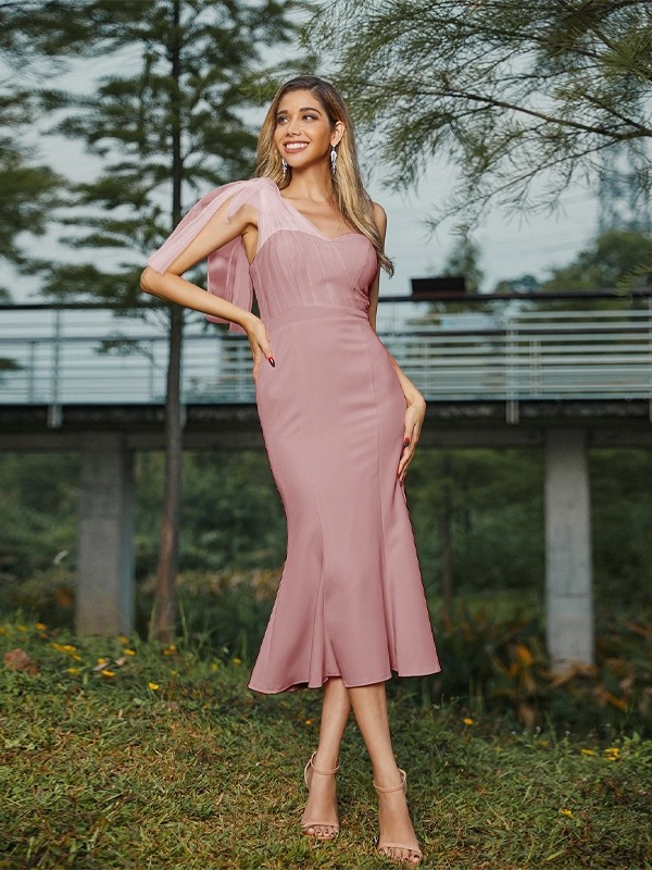 Sheath/Column Stretch Crepe Ruched One-Shoulder Sleeveless Tea-Length Bridesmaid Dresses 3173