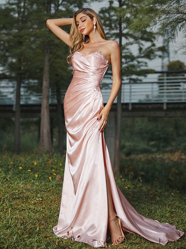 Sheath/Column Silk like Satin Ruched Sweetheart Sleeveless Sweep/Brush Train Bridesmaid Dresses 3078