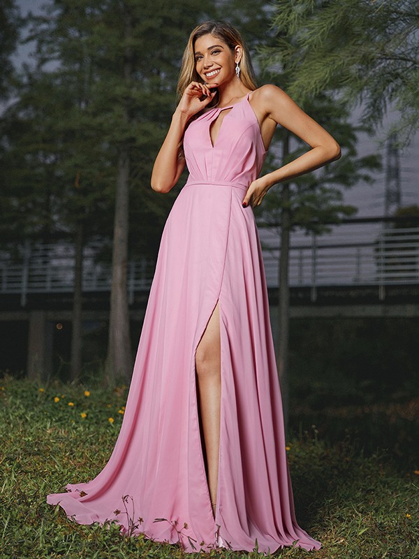 A-Line/Princess Chiffon Ruched Scoop Sleeveless Sweep/Brush Train Bridesmaid Dresses 2166