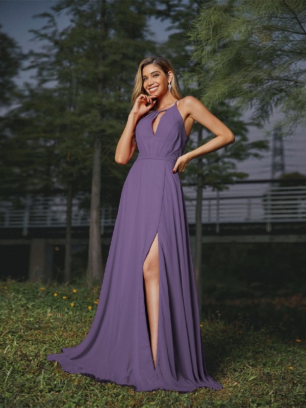 A-Line/Princess Chiffon Ruched Scoop Sleeveless Sweep/Brush Train Bridesmaid Dresses 2166