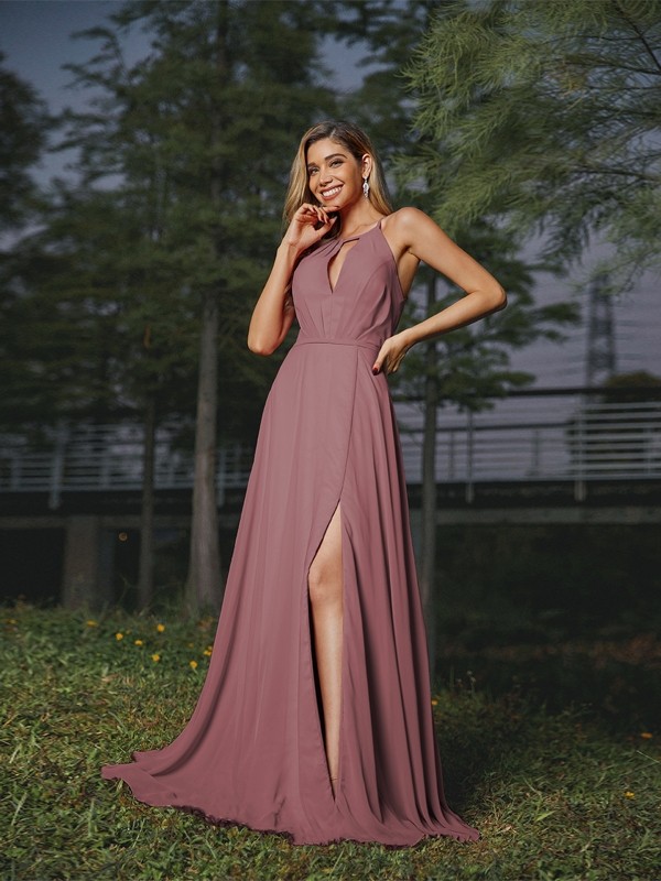 A-Line/Princess Chiffon Ruched Scoop Sleeveless Sweep/Brush Train Bridesmaid Dresses 2166