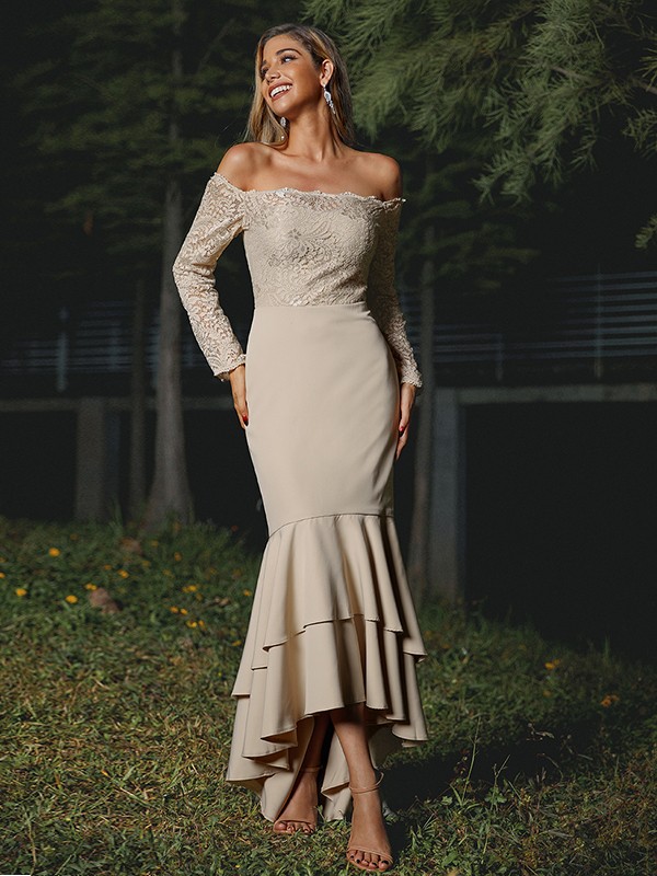 Trumpet/Mermaid Stretch Crepe Lace Off-the-Shoulder Long Sleeves Asymmetrical Bridesmaid Dresses 3284